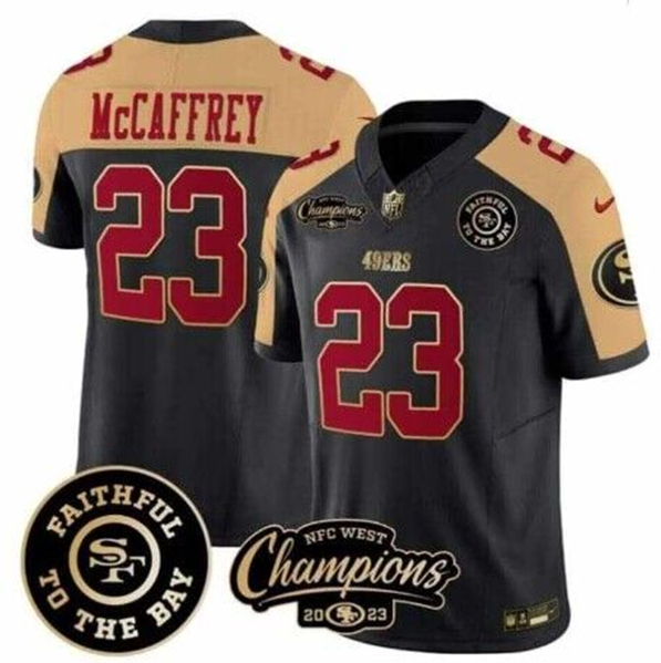Men's San Francisco 49ers Active Player Custom Black Faithful & 2023 F.U.S.E. West Champions Patch Vapor Limited Stitched Football Jersey